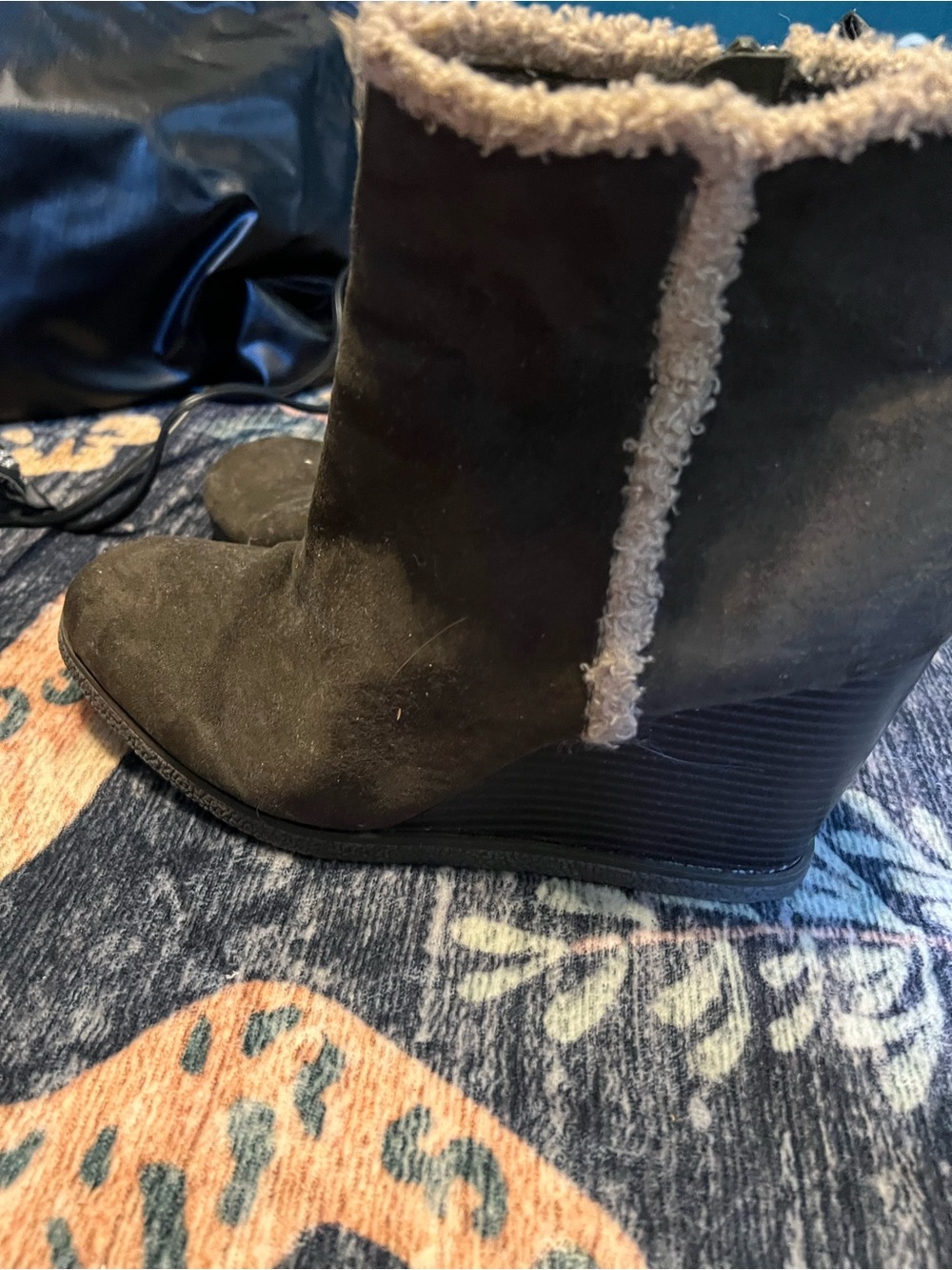 Wonderly Olive Suede Wedge Ankle Boots with Cream Shearling Trim